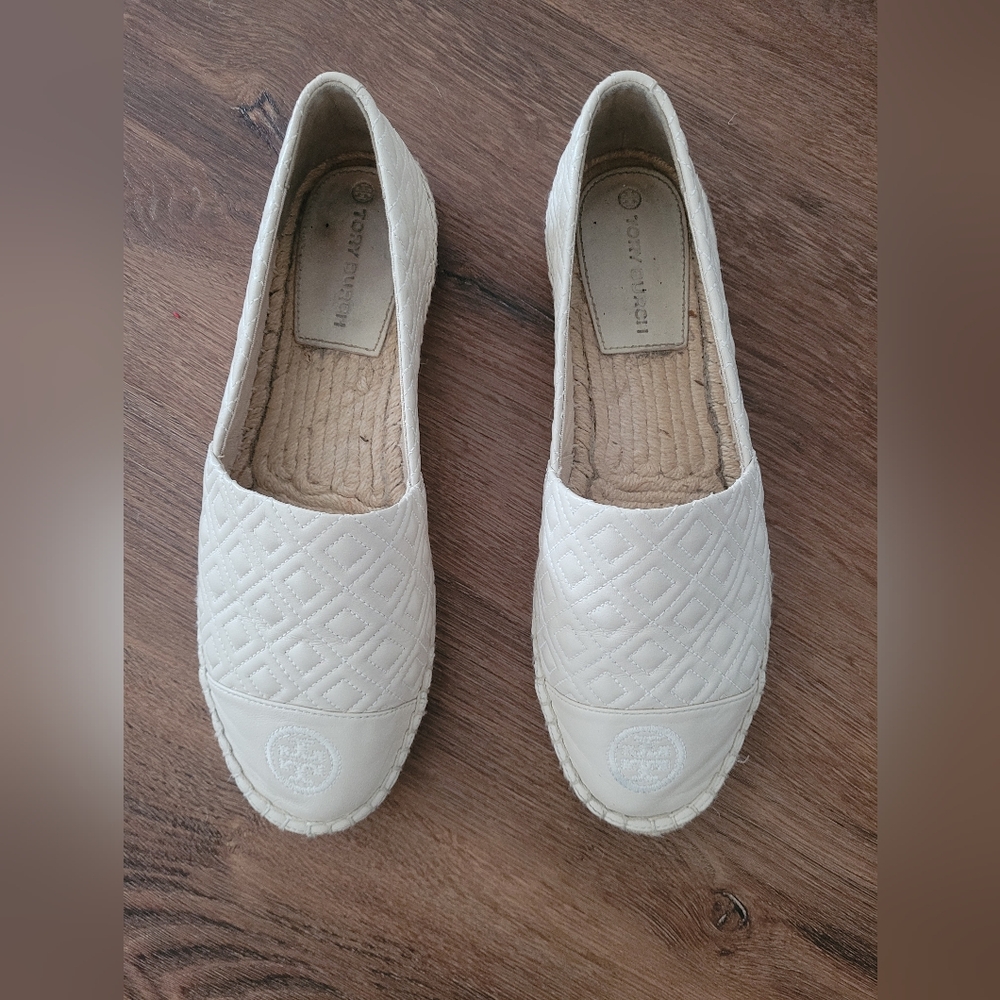 Tory Burch Cream Quilted Espadrille Flats